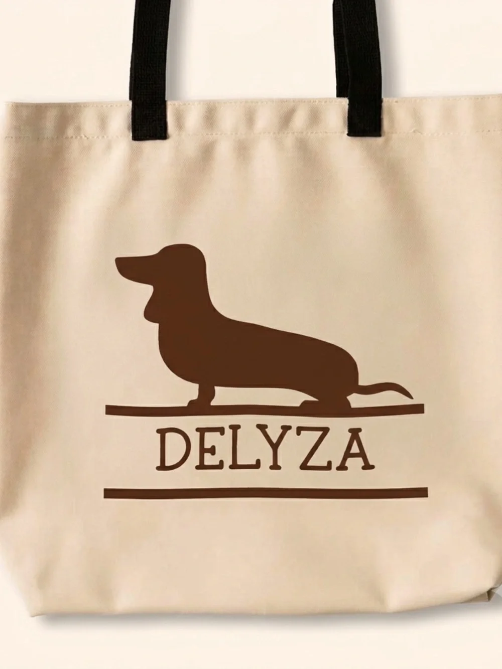 Beige Canvas Dog Tote Bag with Brown Dachshund Print 19“ x 14“